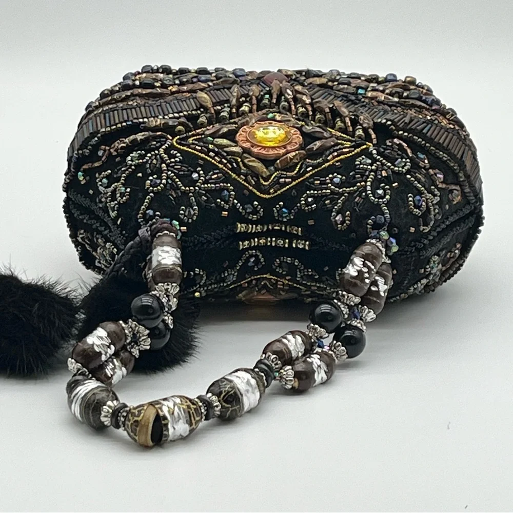 Vintage Mitchie's Beaded Handbag Purse Evening Bag Black Jeweled Multicolor
